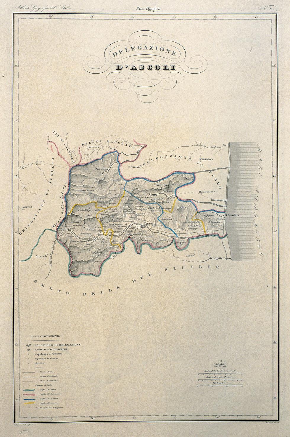 carta geografica della Delegazione di Ascoli (stampa a colori) di Zuccagni Orlandini Attilio, Pozzi G, Maina G, Stanghi V (sec. XIX)