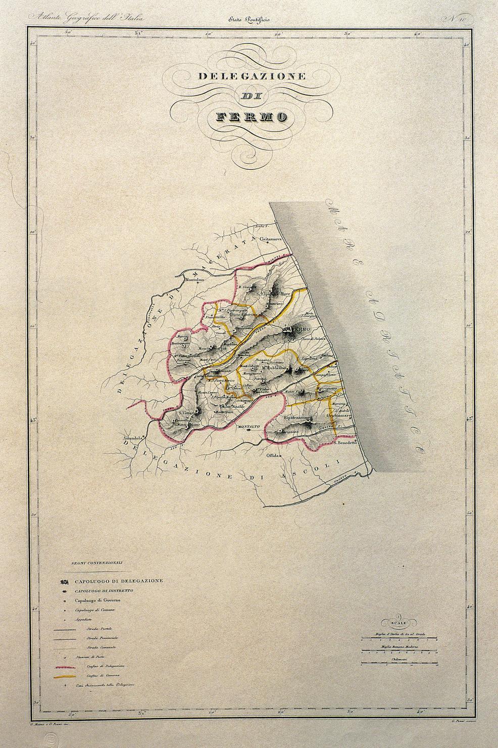 carta geografica della Delegazione di Fermo (stampa a colori) di Zuccagni Orlandini Attilio, Pozzi G, Maina G (sec. XIX)