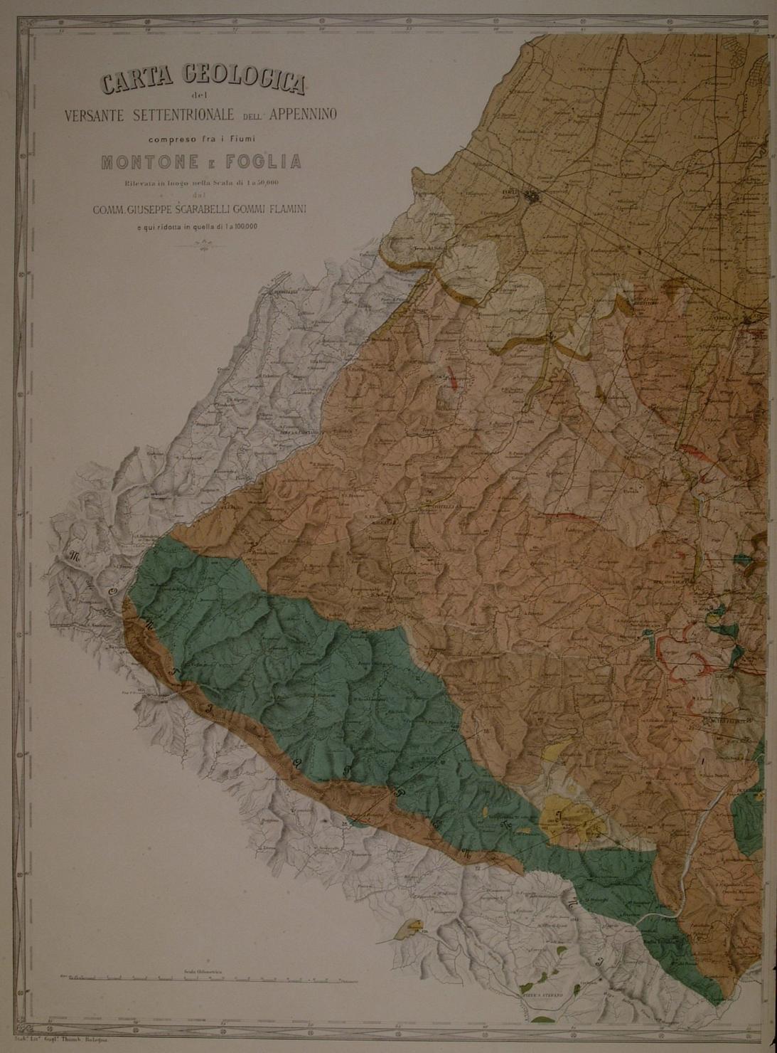 carta geologica dell'Appennino settentrionale (stampa a colori, stampa composita) di Sgarabelli Gommi Flamini (prima metà sec. XX)
