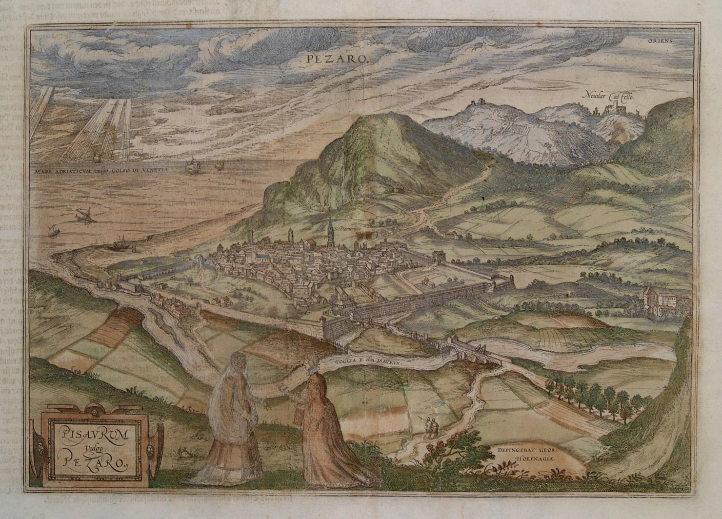 veduta di Pesaro (stampa a colori) di Hoefnagel Joris (secc. XVI/ XVII)