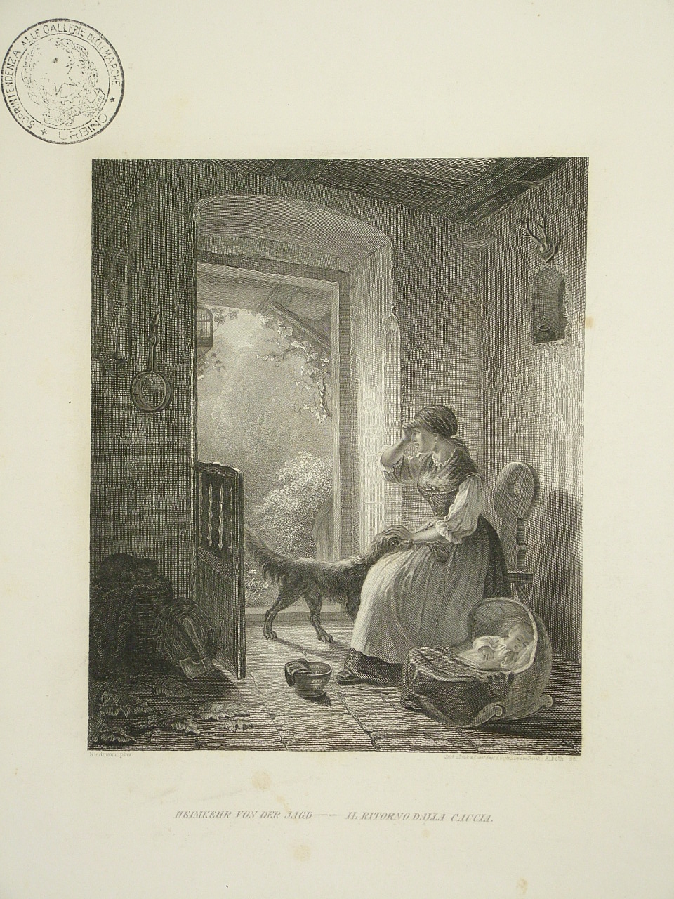 interno con figura femminile (stampa, elemento d'insieme) di Niedmann August Heinrich (attribuito), Alboth G (attribuito) (sec. XIX)