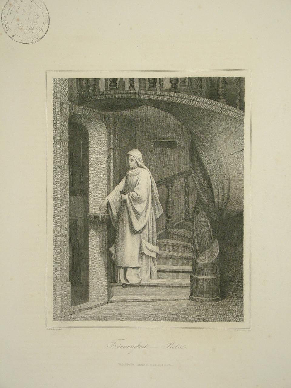 interno con figura femminile (stampa, elemento d'insieme) di Pommer Georg (attribuito), Piloty Ferdinand (attribuito) (sec. XIX)