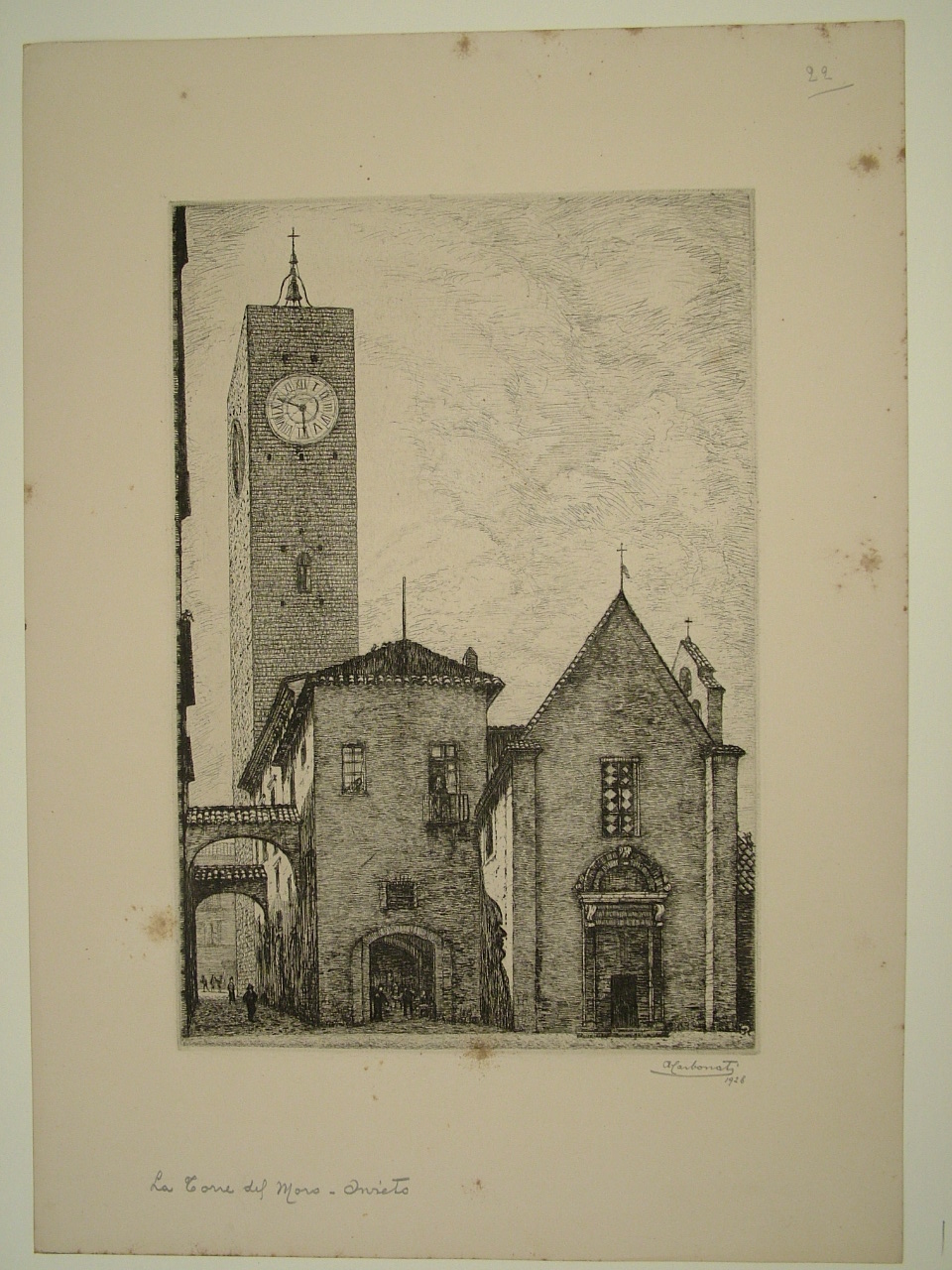 La Torre del Moro di Orvieto, veduta di città (stampa) di Carbonati Antonio (secondo quarto sec. XX)