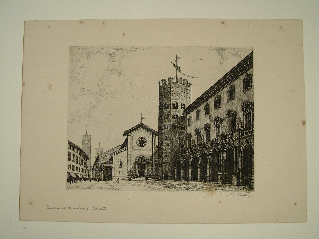 Piazza del Municipio a Orvieto, veduta di città (stampa) di Carbonati Antonio (secondo quarto sec. XX)