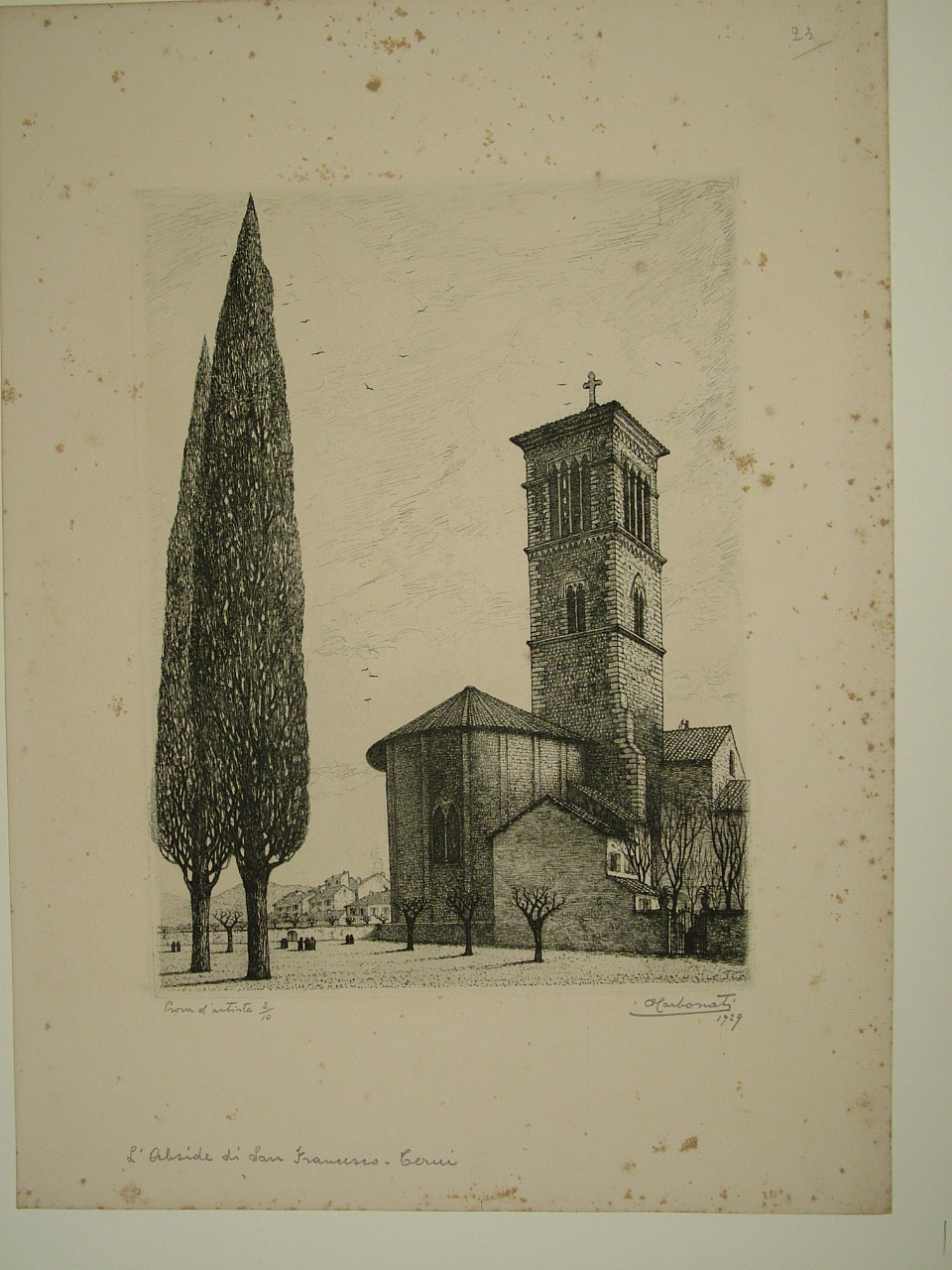 L'abside della chiesa di San Francesco a Terni, veduta di città (stampa) di Carbonati Antonio (secondo quarto sec. XX)