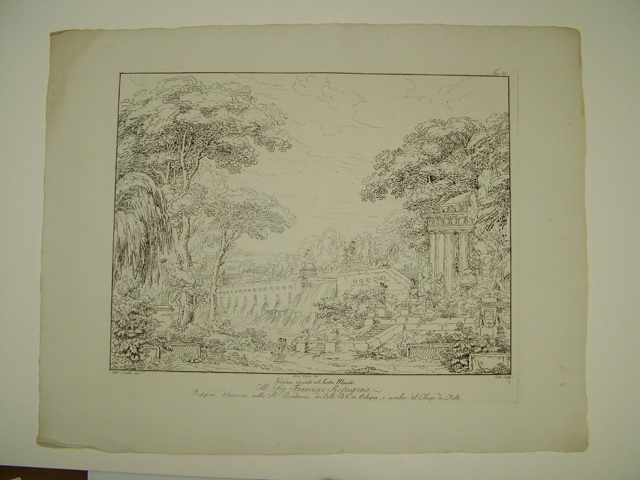 Giardino eseguito nel teatro Marsili, giardino con cascata (stampa) di Sarti Ignazio, Basoli Antonio, Cocchi Francesco (inizio sec. XIX)