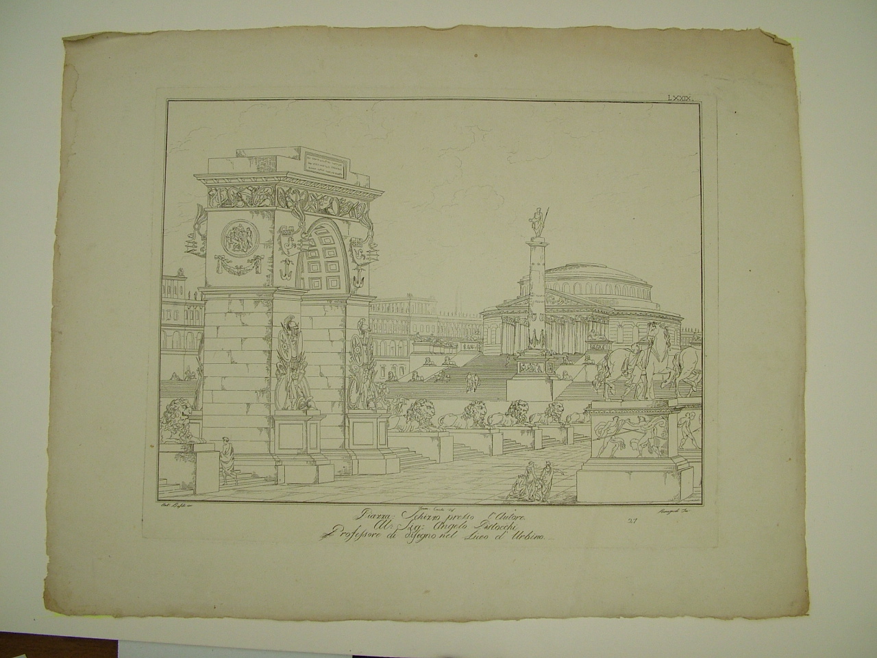 Piazza, veduta di città (stampa) di Basoli Antonio, Cocchi Francesco, Romagnoli Pietro (inizio sec. XIX)
