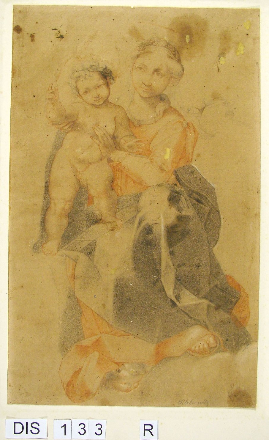 Madonna con Bambino sulle nuvole (disegno preparatorio) di Urbinelli Giovanni Battista (attribuito) (sec. XVII)