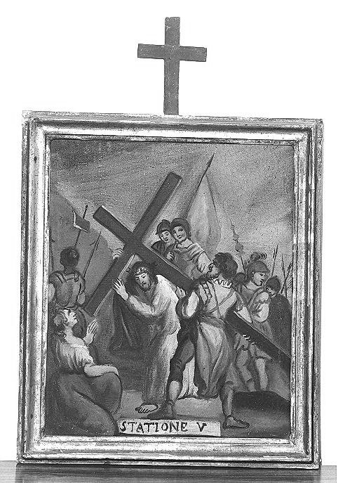 stazione V: Gesù aiutato da Simone il Cireneo a portare la croce (dipinto) - bottega marchigiana (sec. XVII)