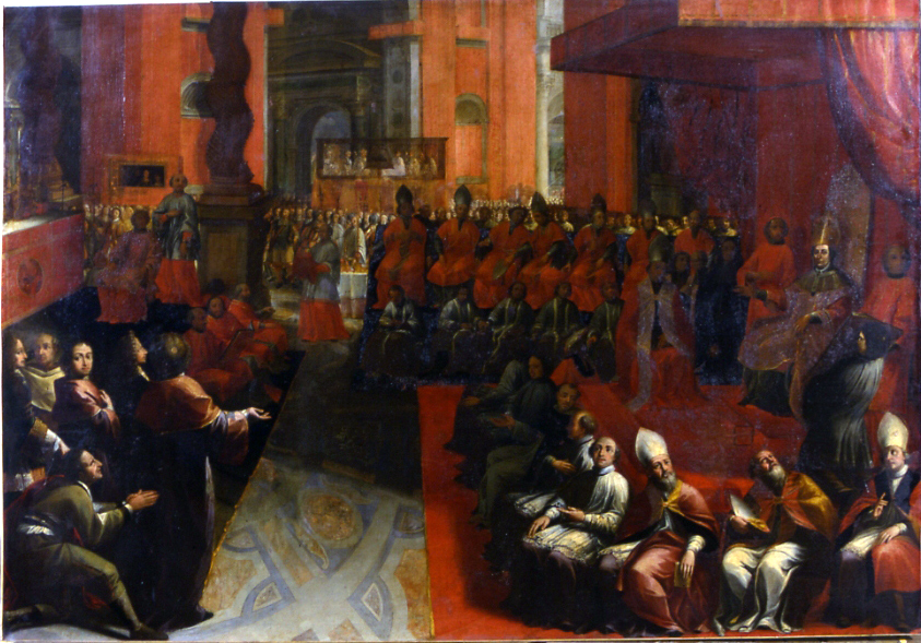 Papa Clemente XI e il seguito in San Pietro (dipinto) di Ghezzi Pier Leone (prima metà sec. XVIII)