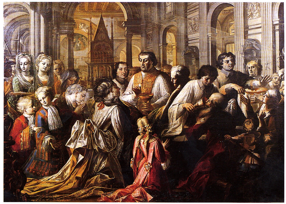 Papa Clemente XI distribuisce la comunione in Laterano (dipinto) di Ghezzi Pier Leone (prima metà sec. XVIII)