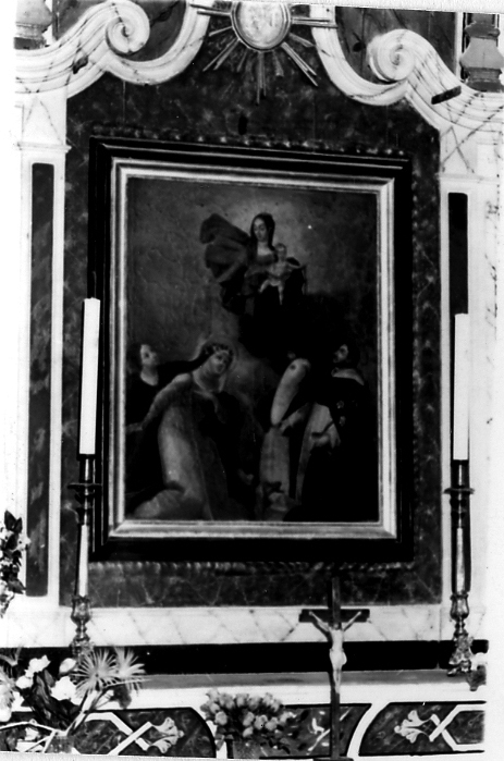 Madonna del Rosario con San Domenico, Santa Caterina e due confratelli, Madonna con Bambino e altri personaggi (dipinto) - ambito sardo (metà sec. XVII)