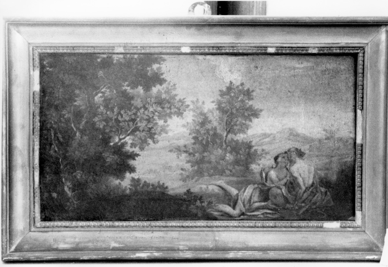 Paesaggio con ninfa e satiro (dipinto) - ambito emiliano (seconda metà sec. XVII)