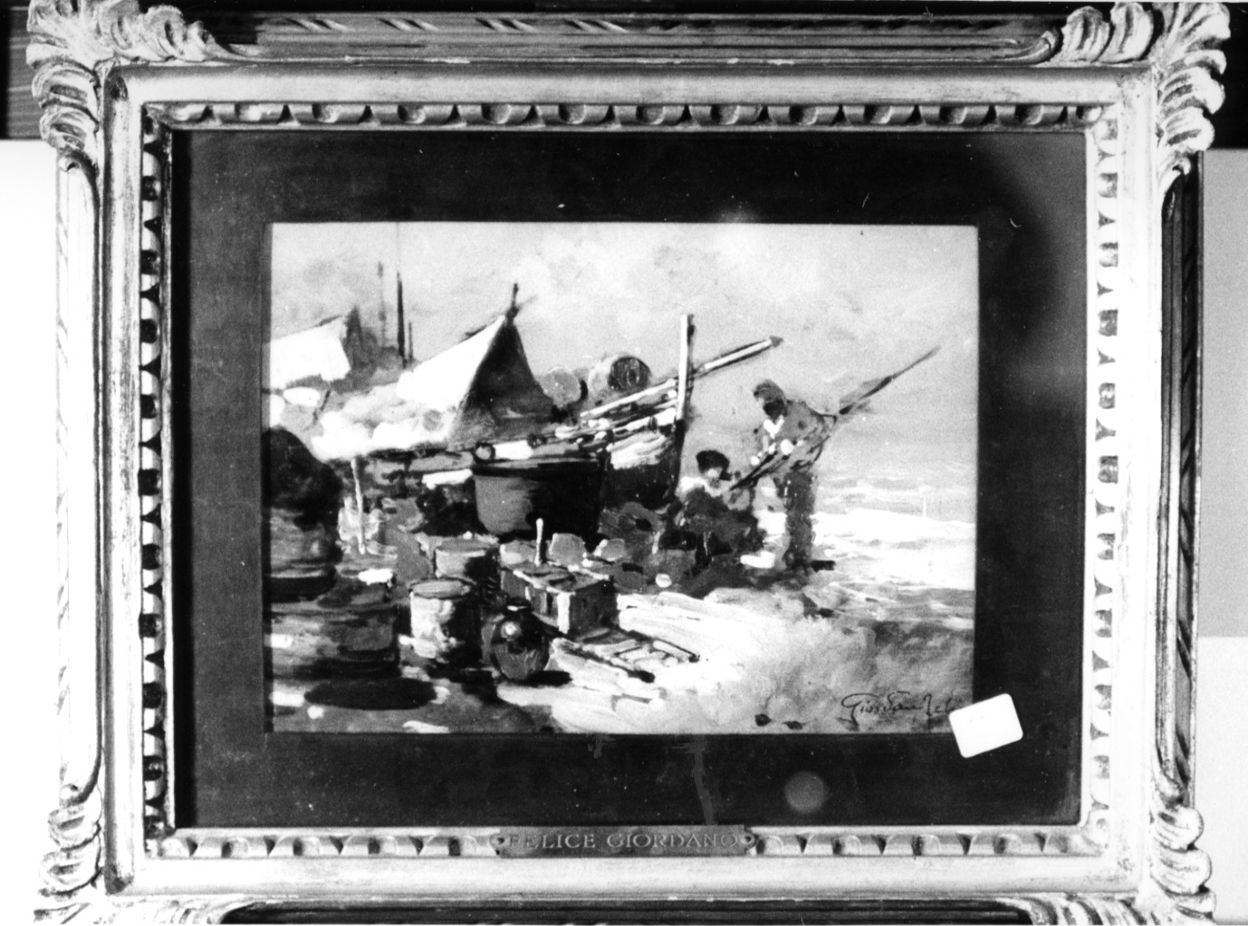 Marina, marina con pescatori e barche (dipinto) di Giordano Felice (sec. XX)