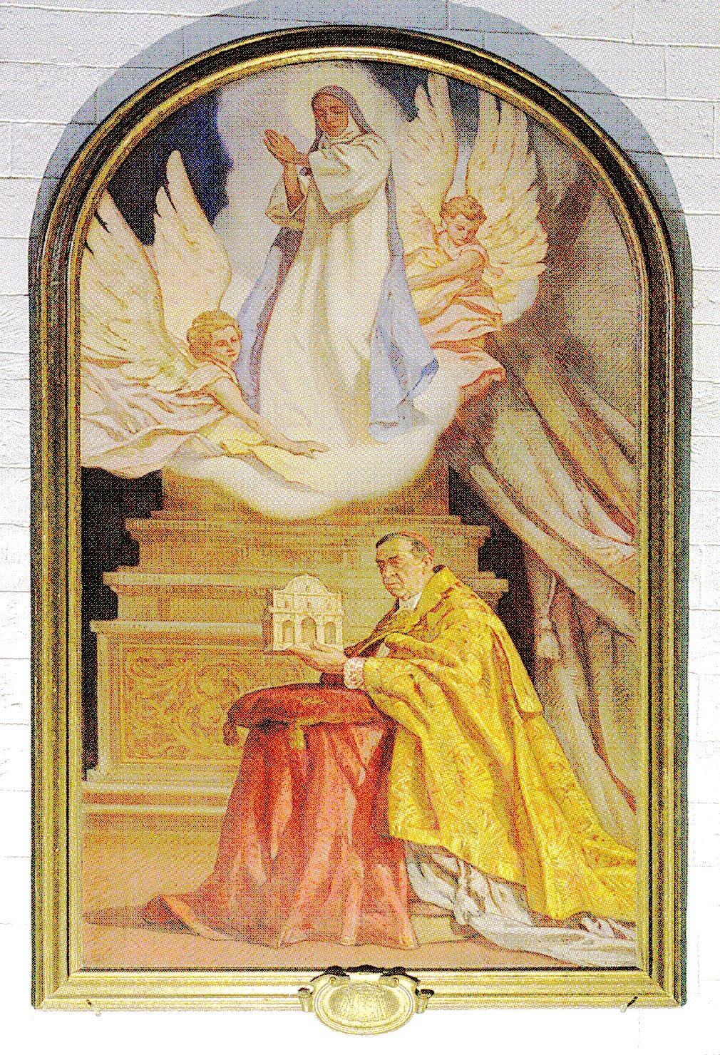 Mons. Mazzotti offre la cattedrale di Sassari alla Vergine (dipinto) di Figari Filippo (metà sec. XX)