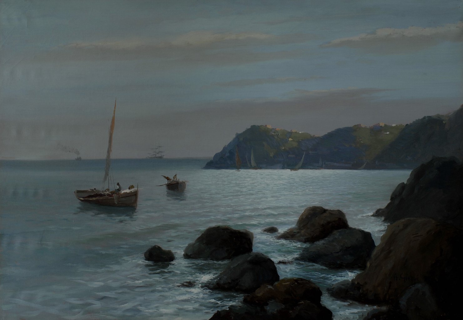 Marina con paesaggio costiero, marina con pescatori e barche (dipinto) di Giorgi Arabella (sec. XX)
