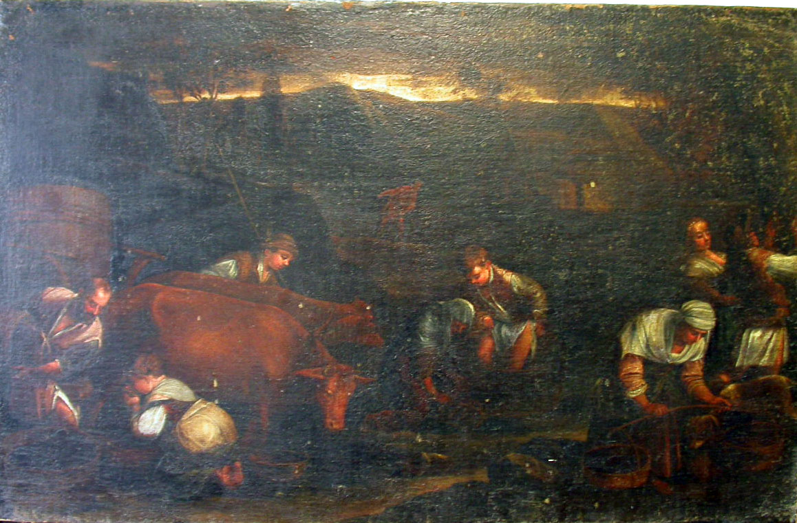 Scena contadinesca (Autunno), paesaggio con contadini (dipinto) di Bassano Francesco (scuola), Bassano Leandro (scuola) (secc. XVI/ XVII)
