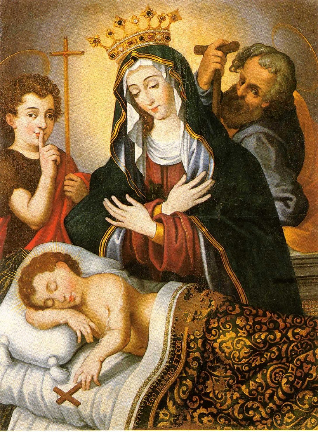 Vergine de Sos Isconsolados, Sacra Famiglia con San Giovanni Battista bambino (dipinto) di Gorini Baccio (sec. XVI)