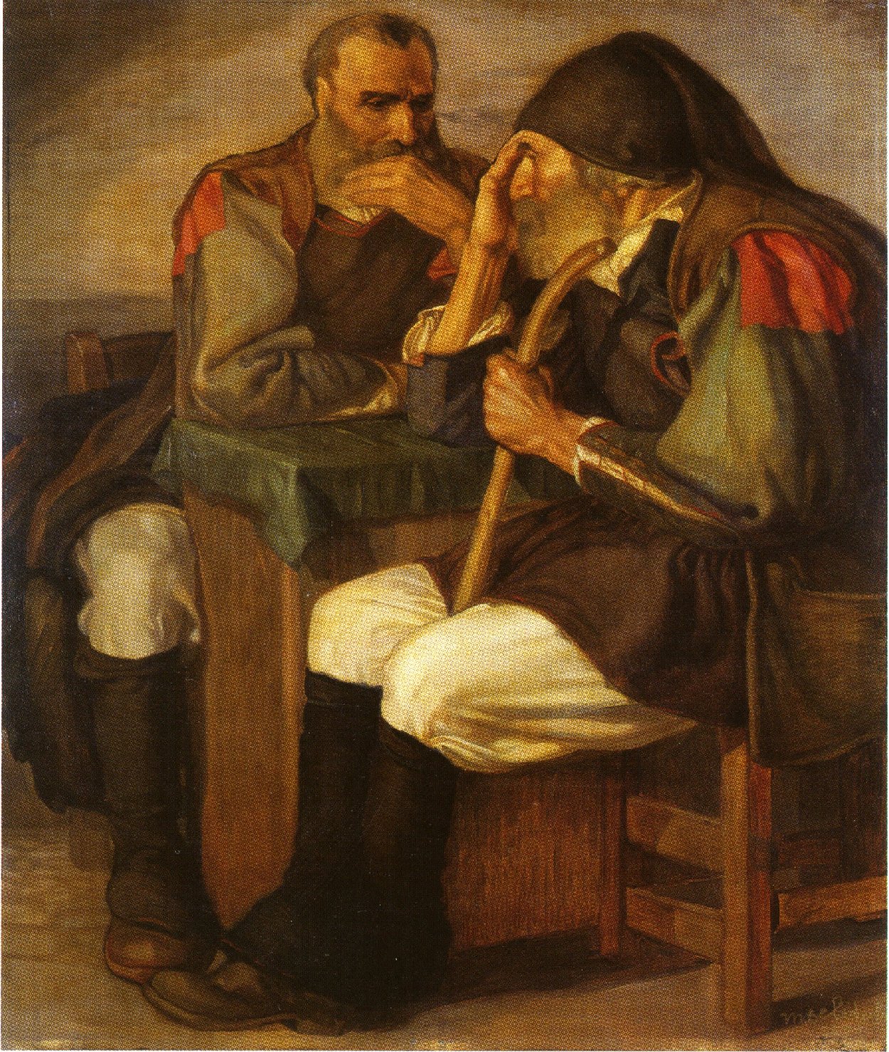 Vecchi a convegno, Figure maschili in abito tradizionale sardo (dipinto) di Delitala Mario (sec. XX)