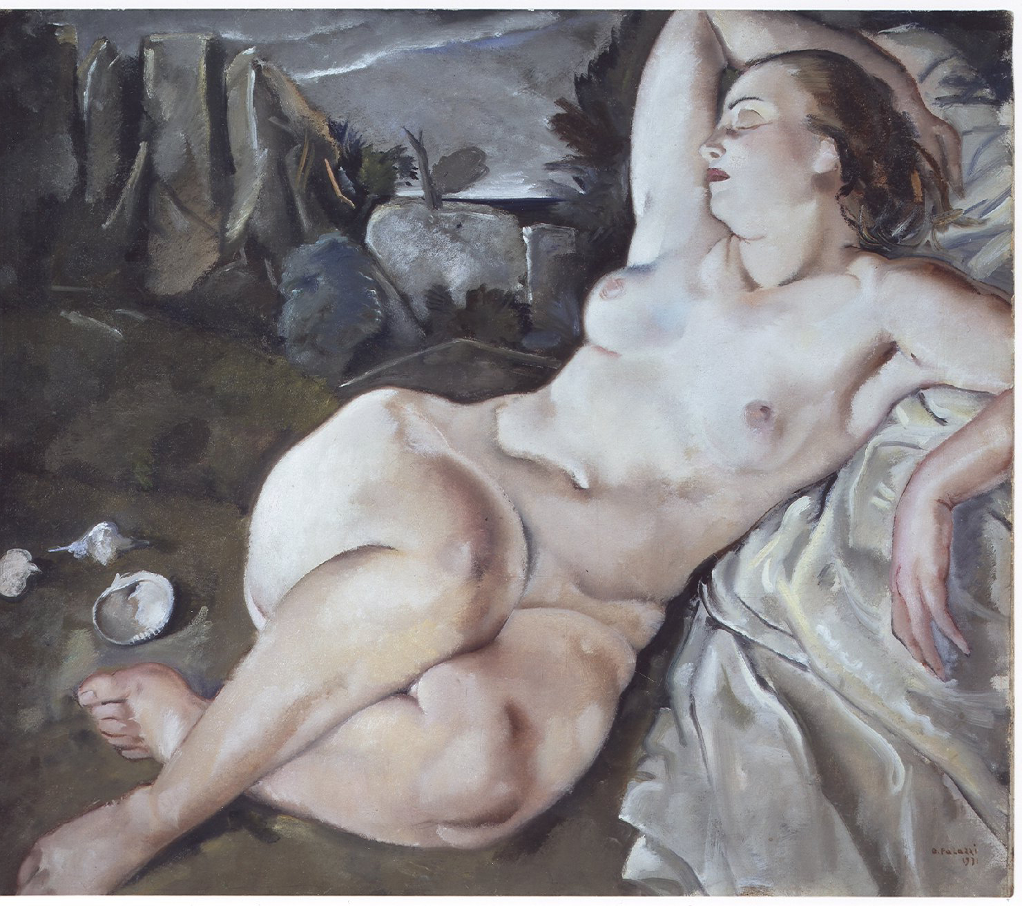 Nudo disteso, figura femminile nuda (dipinto) di Palazzi Bernardino (sec. XX)