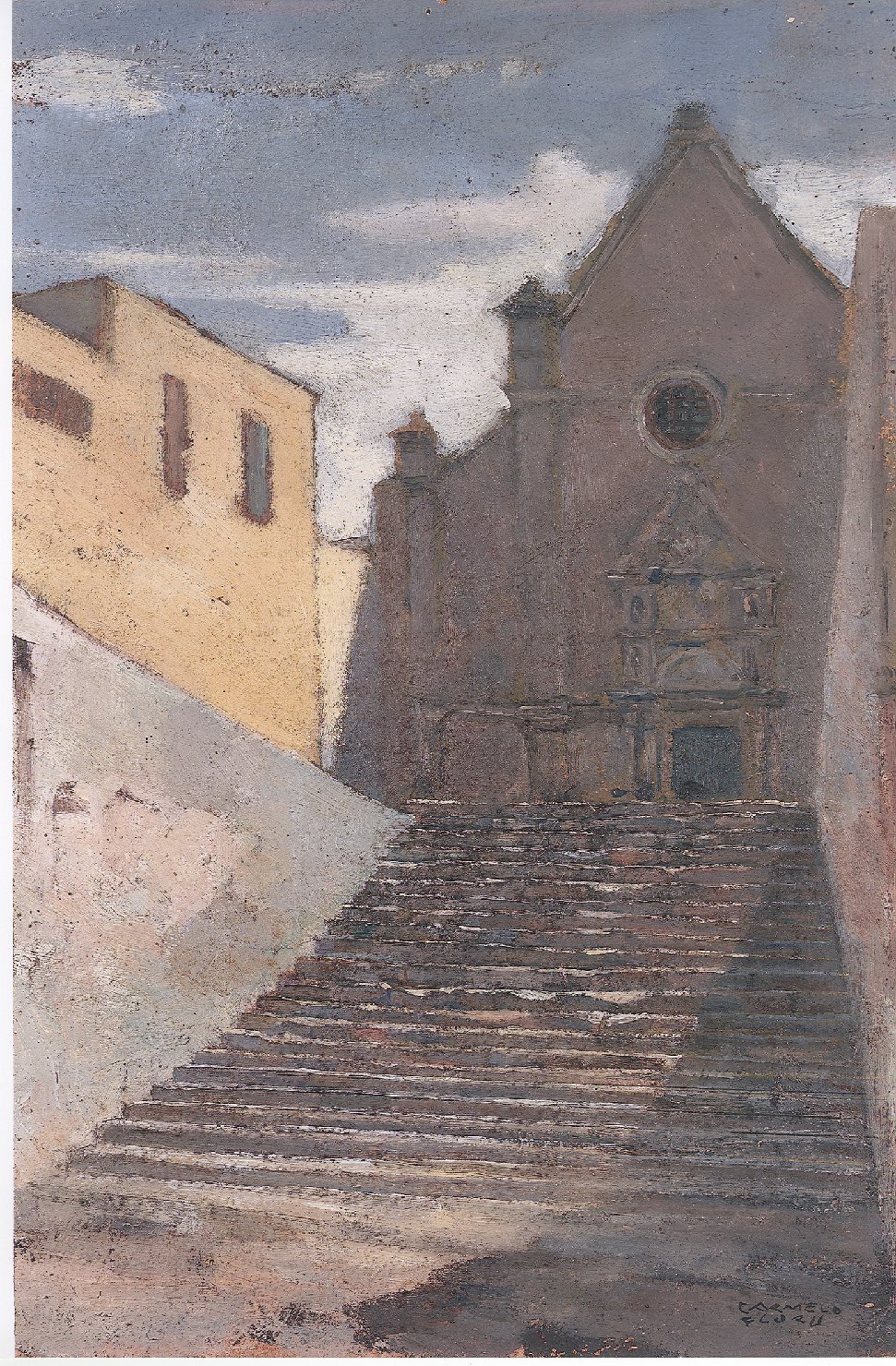 Chiesa, paesaggio urbano (dipinto) di Floris Carmelo (sec. XX)