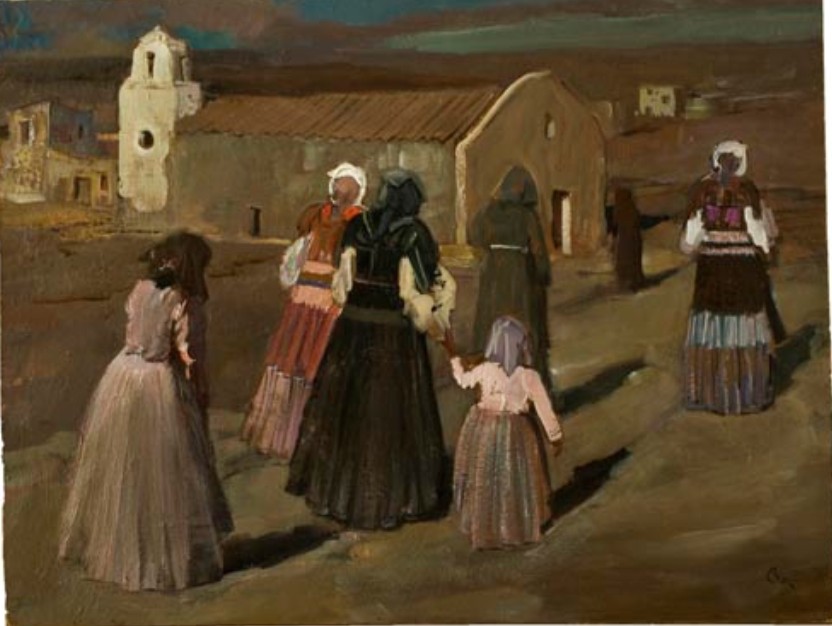 Al vespro, figure femminili che si recano in chiesa (dipinto) di Biasi Giuseppe (sec. XX)