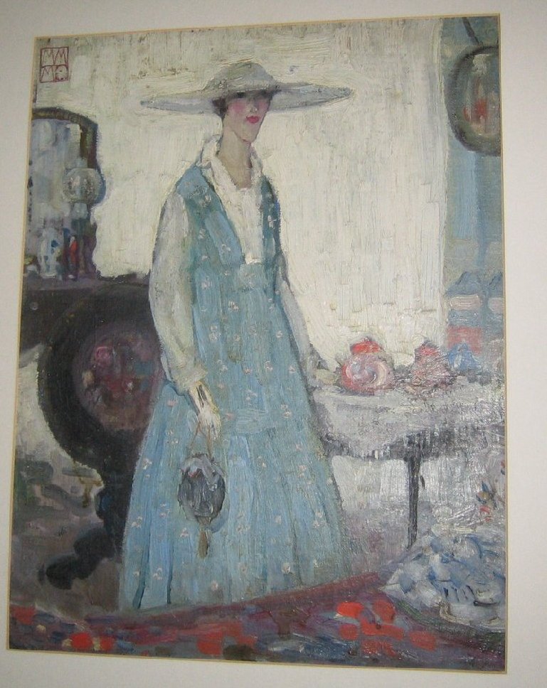 Ritratto di signora in un interno, interno con figura femminile (dipinto) di Mossa de Murtas Mario (sec. XX)