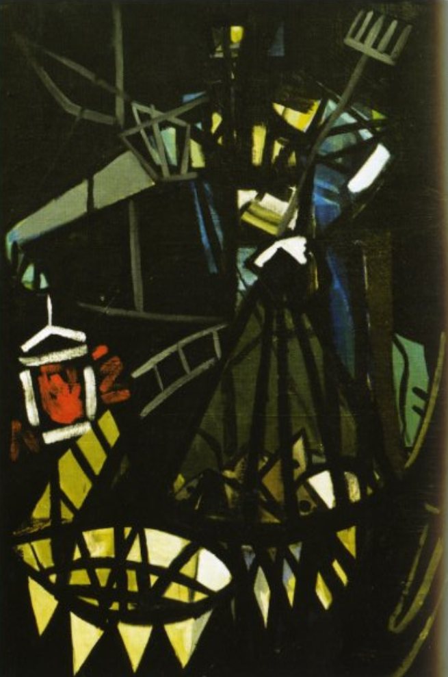 Pescatore che pesa il pesce, figure astratte (dipinto) di Manca Mauro (sec. XX)
