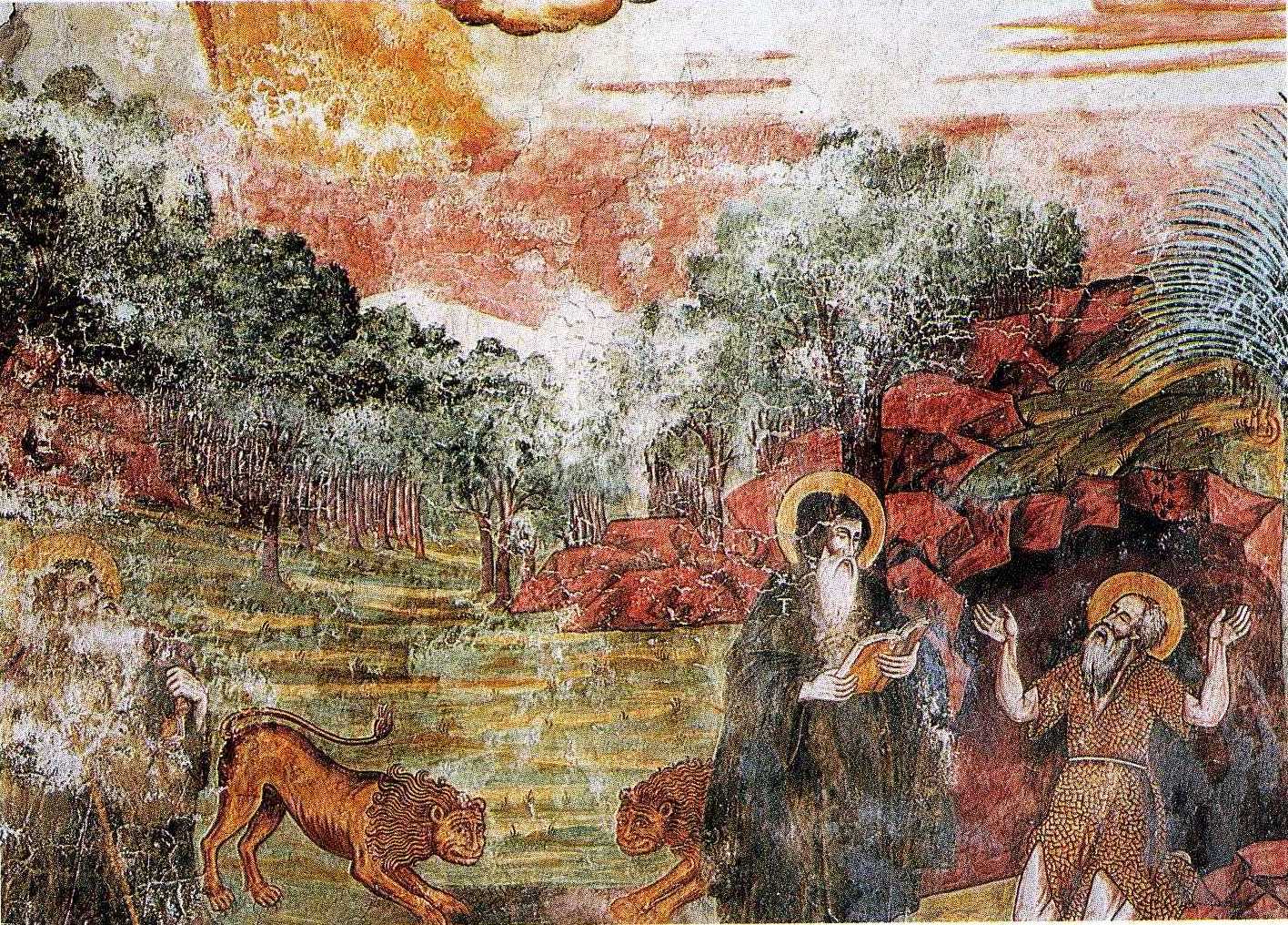 Sant'Antonio Abate seppellisce San Paolo Eremita aiutato da due leoni (dipinto) di Are Pietro Antonio, Are Gregorio (sec. XVIII)