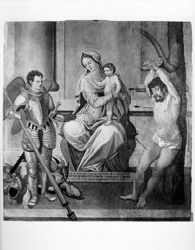 Madonna in trono con Bambino, San Giorgio e San Sebastiano (dipinto) - ambito pisano (sec. XVI)