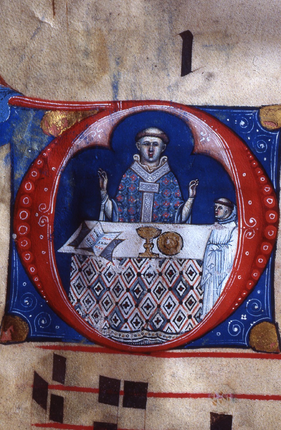 sacerdote celebrante con assistente (miniatura, elemento d'insieme) - manifattura toscana (prima metà sec. XIV)