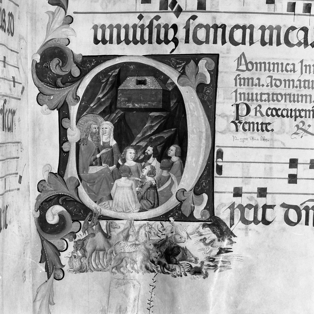uscita di Noè della sua famiglia e degli animali dall'arca (miniatura, elemento d'insieme) - ambito pisano (prima metà sec. XIV)
