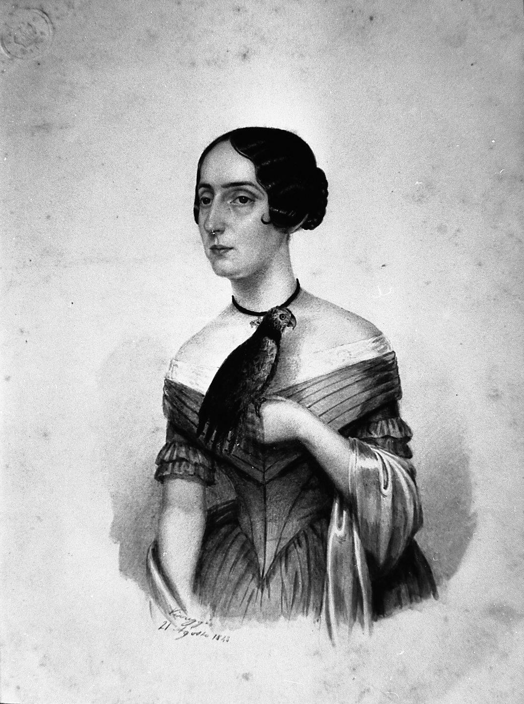 ritratto di donna con pappagallo (disegno) di Toscanelli Elisa (metà sec. XIX)