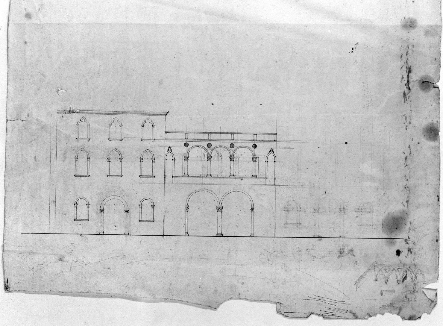 veduta di un palazzo (disegno) - ambito Italia settentrionale (prima metà sec. XIX)