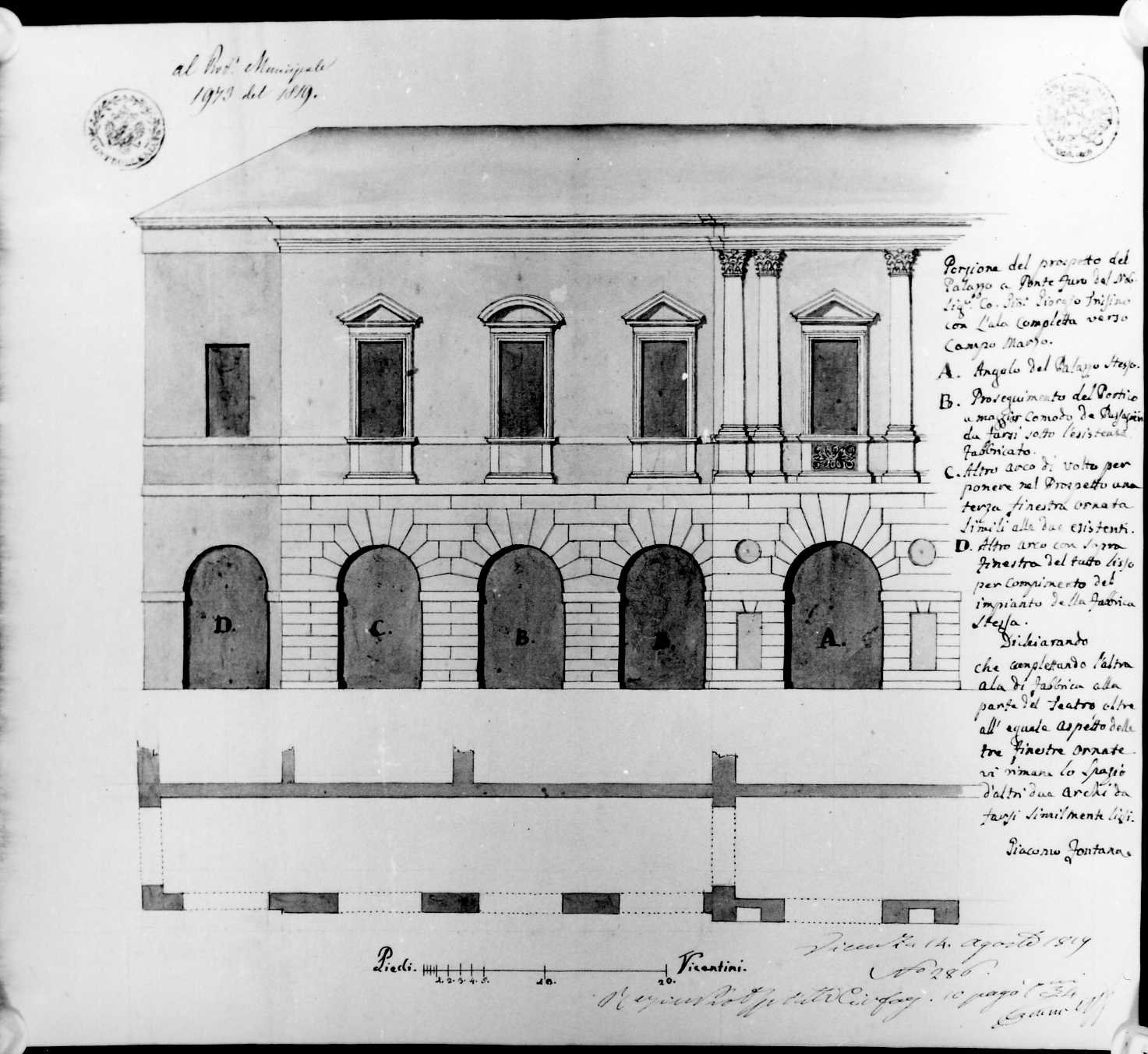 palazzo Civena poi Trissino a Ponte Furo a Vicenza, prospetto di edificio (disegno) di Fontana Giacomo (sec. XIX)
