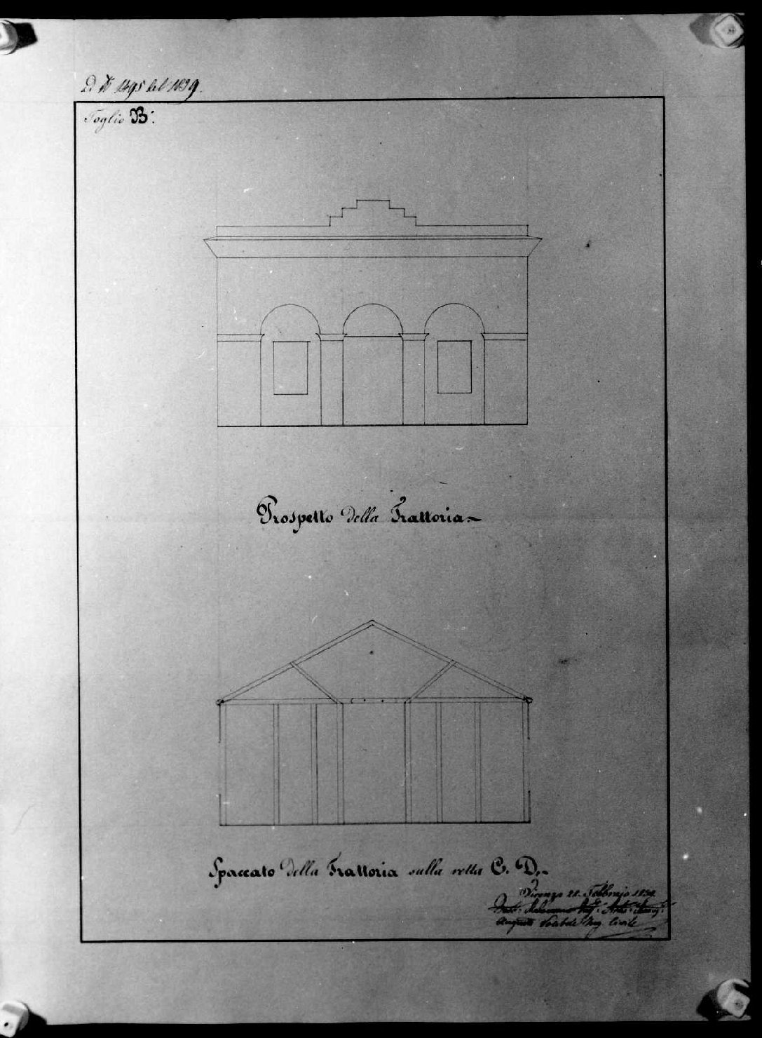 prospetto e sezione di edificio (disegno, serie) di Malacarne Bartolomeo (sec. XIX)