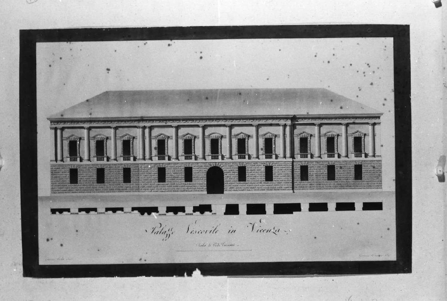 Facciata del Palazzo Vescovile di Vicenza, prospetto di palazzo (disegno) di Verda Giacomo, Dianese Gaetano (sec. XIX)