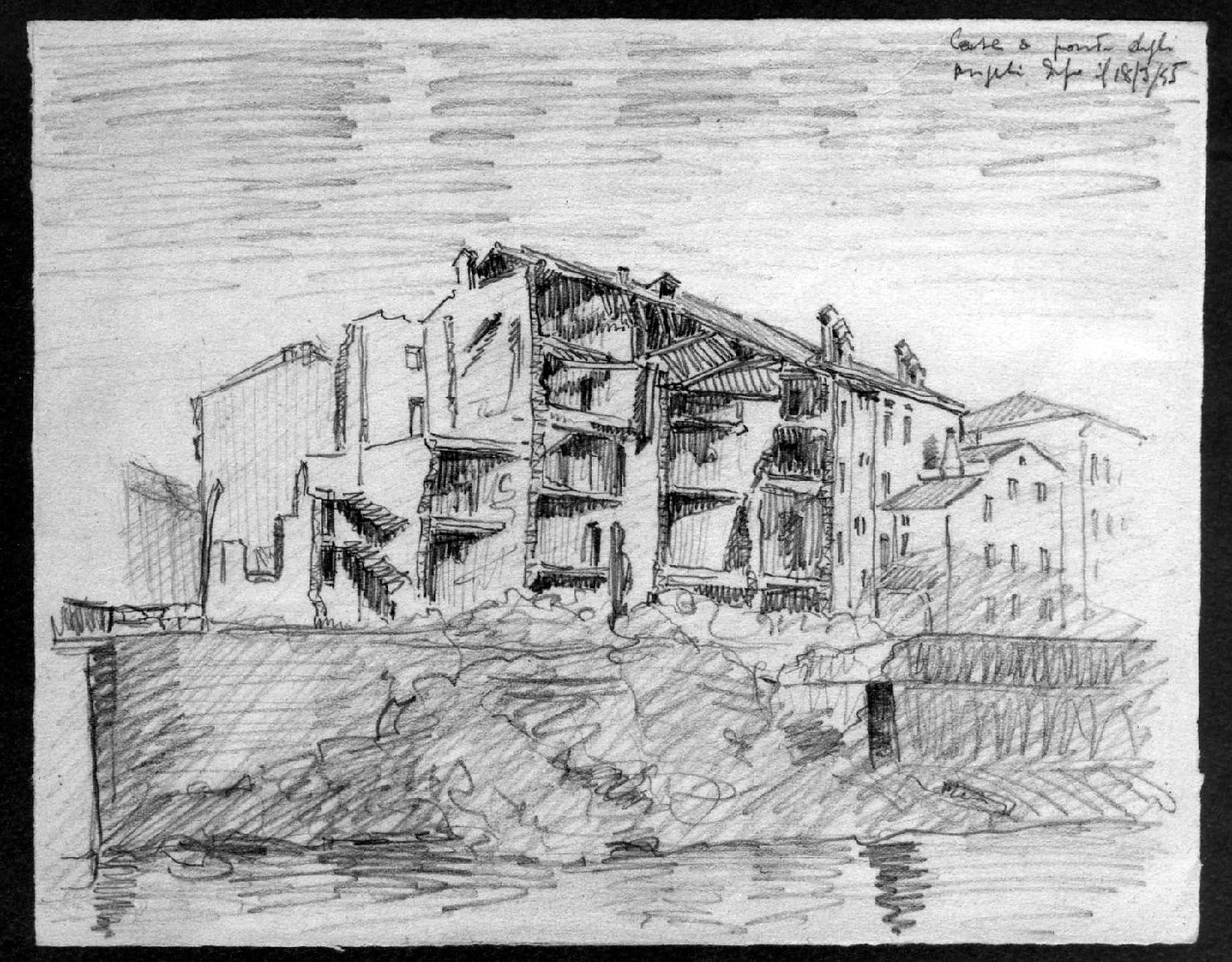 Case a Ponte degli Angeli, veduta di Vicenza (disegno, serie) di Anselmi Mina (sec. XX)