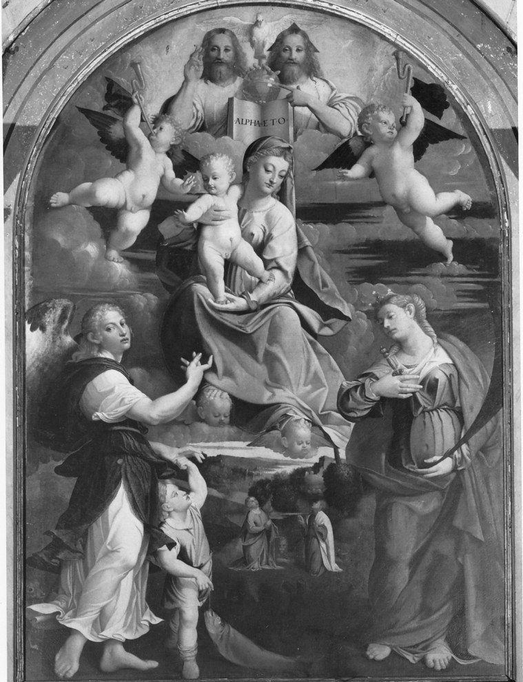 Madonna con Bambino e altri personaggi (dipinto, elemento d'insieme) di Torbido Francesco detto Moro (attribuito) (sec. XVI)