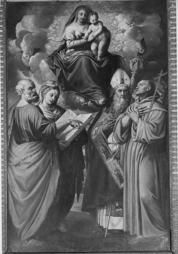 Madonna con bembino ingloria con San Pietro, San Francesco, Santo Vescovo, Santa, Madonna con Bambino e Santi (dipinto) - ambito veronese (sec. XVI)