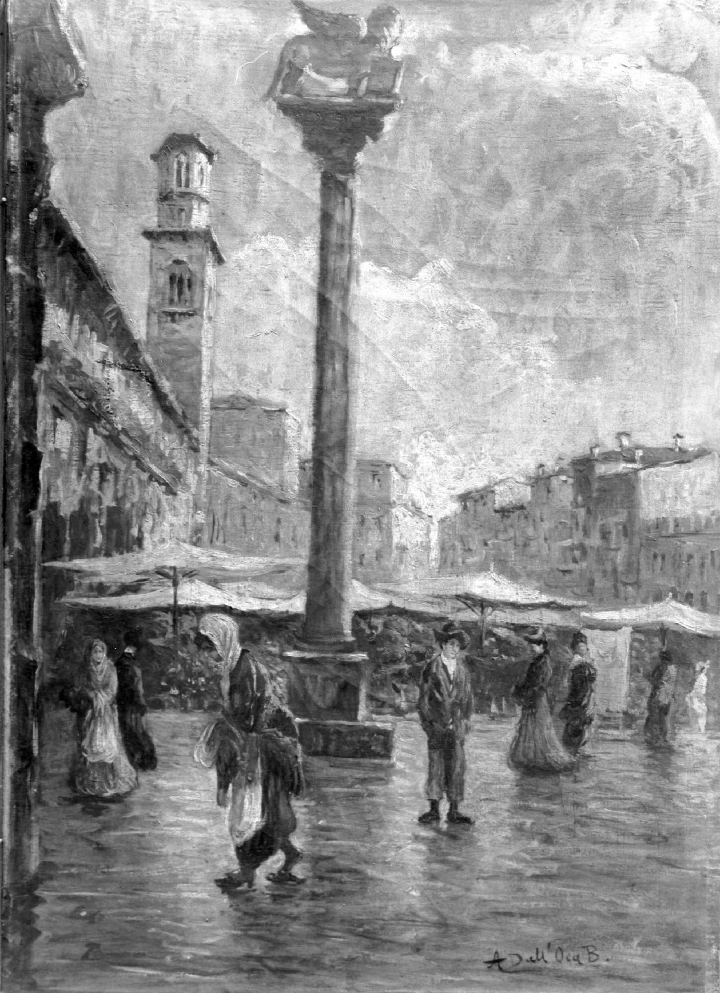 Piazza Erbe con la colonna del Leone di San Marco, veduta di Verona (dipinto) di Dall'Oca Bianca Angelo (secc. XIX/ XX)