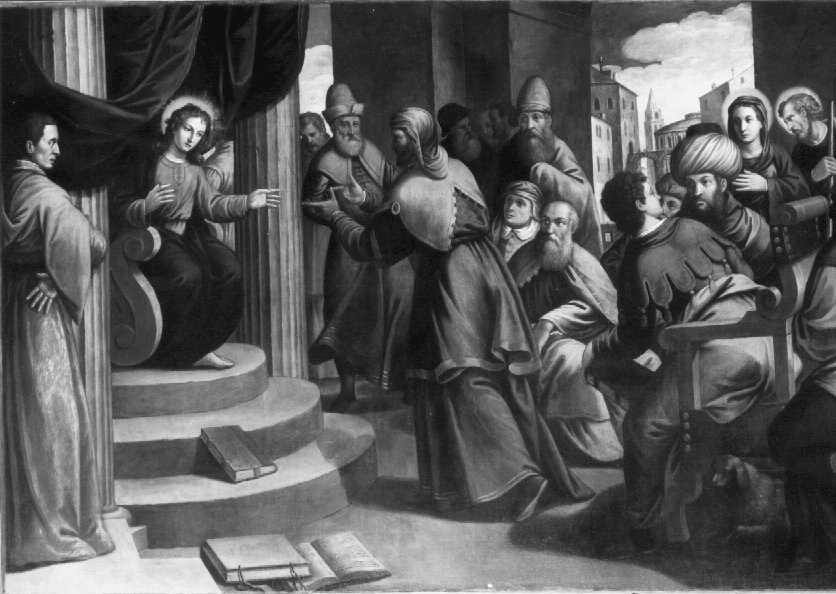 disputa di Gesù con i dottori nel tempio (dipinto) di Badile Antonio (attribuito) (metà sec. XVI)
