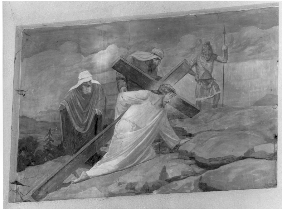 stazione III: Gesù cade sotto la croce la prima volta (dipinto, elemento d'insieme) di Pegrassi Agostino (metà sec. XX)