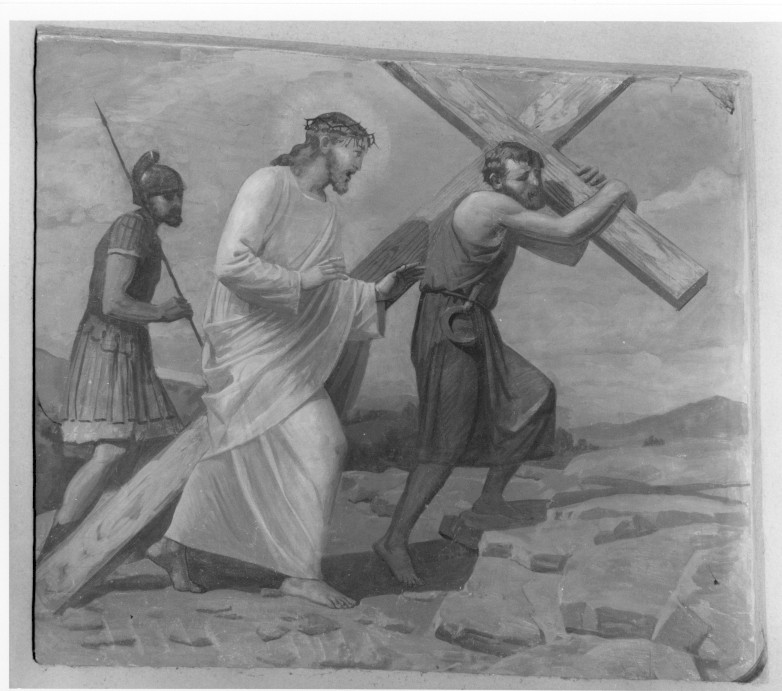 stazione V: Gesù aiutato da Simone il Cireneo a portare la croce (dipinto, elemento d'insieme) di Pegrassi Agostino (metà sec. XX)