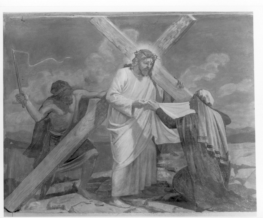 stazione VI: Gesù asciugato dalla Veronica (dipinto, elemento d'insieme) di Pegrassi Agostino (metà sec. XX)