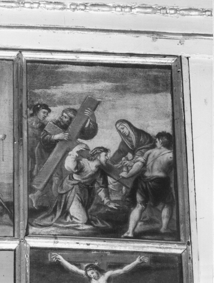 Cristo aiutato da Simone il Cireneo a portare la croce (scomparto di polittico, elemento d'insieme) di Ridolfi Claudio (inizio sec. XVII)