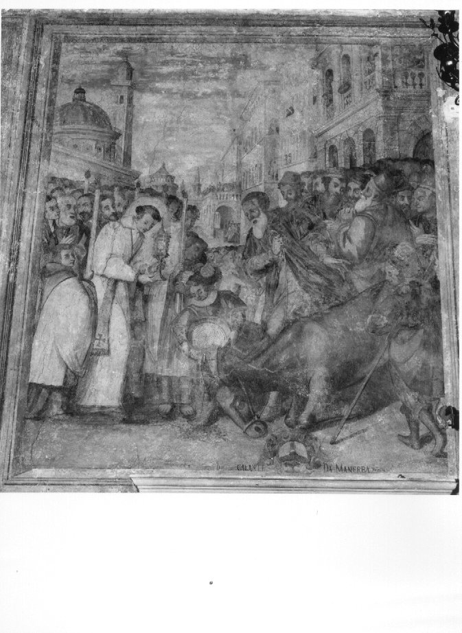 Sant'Antonio da Padova e il miracolo dell'asino (dipinto, elemento d'insieme) di Muttoni Bernardo Giovane (sec. XVII)