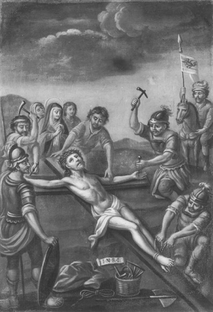 stazione XI: Gesù inchiodato alla croce (dipinto) - ambito Italia settentrionale (sec. XIX)