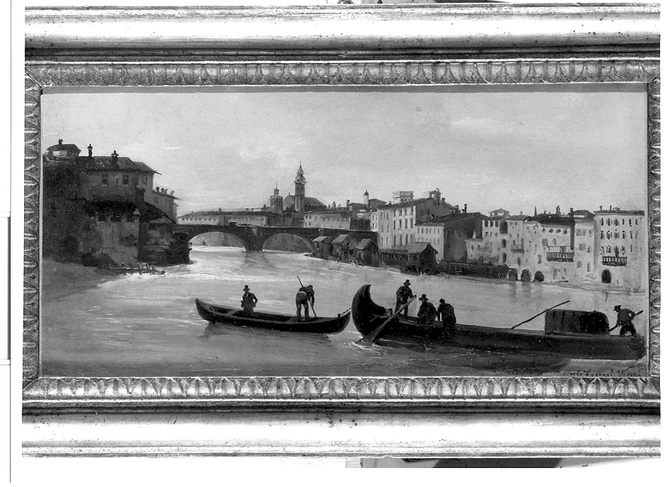 Veduta dell'Adige con il Ponte Nuovo, veduta di città (dipinto, opera isolata) di Ferrari Carlo (terzo quarto sec. XIX)