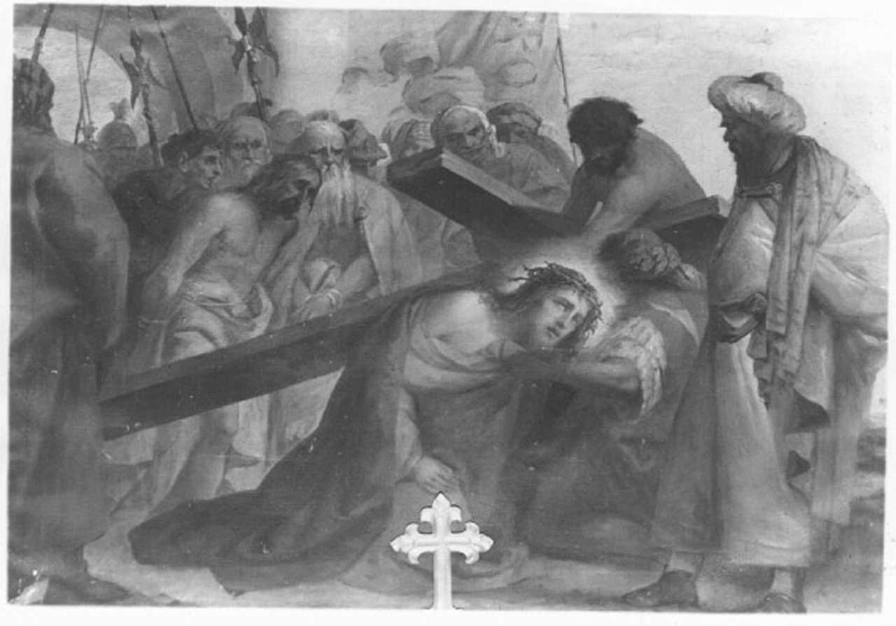 stazione III: Gesù cade sotto la croce la prima volta (dipinto) di Rizzi Lorenzo (sec. XIX)